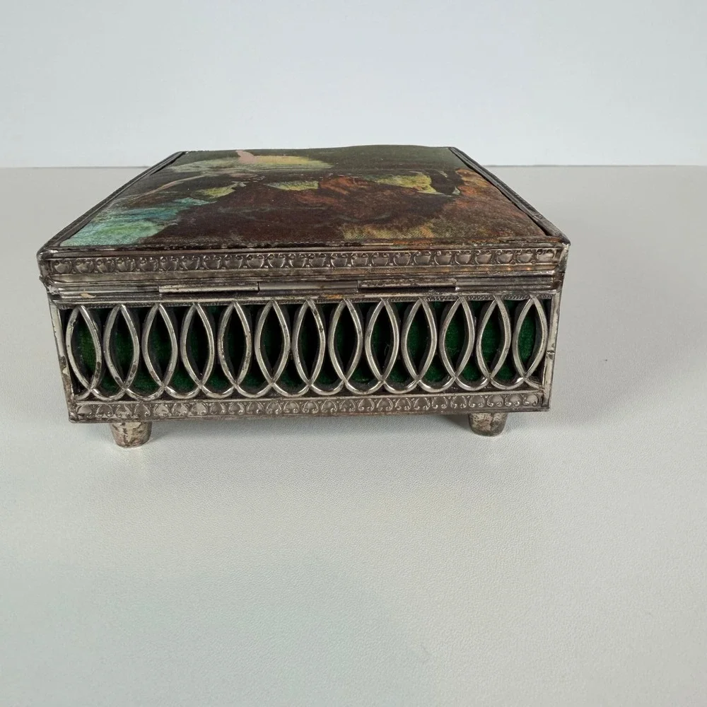 Trinket Box with Ballerina Ornate Silver Tone w/ Hinged Lid‎ jewel tone green